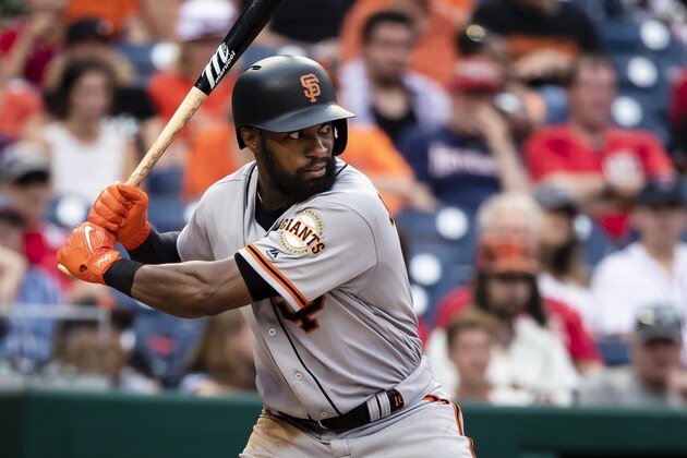 WASHINGTON, DC - JUNE 10: Austin Jackson #16 of the San Francisco Giants at bat against the Washington Nationals during the ninth inning at Nationals Park on June 10, 2018 in Washington, DC.  (Photo by Scott Taetsch/Getty Images)