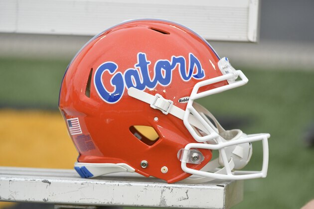 COLUMBIA, MO - NOVEMBER 4: A Florida Gators' helmet rest on a bench during a game against the Missouri Tigers at Memorial Stadium on November 4, 2017 in Columbia, Missouri. (Photo by Ed Zurga/Getty Images) *** Local Caption ***