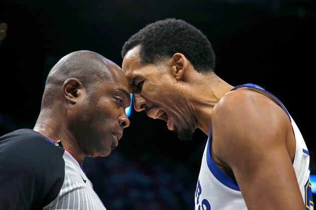 FILE - In this Dec. 3, 2017, file photo, Golden State Warriors guard Shaun Livingston (34) argues a call with referee Courtney Kirkland before he was called for a technical foul and was ejected, during an NBA basketball game against the Miami Heat, in Miami. This was a season that saw superstars get ejected, a referee held out of games for a week after getting too aggressive with a player and the NBA going door-to-door to remind teams to play nice. The referee-player relationship is as thorny as ever, and that's not a good thing going into the postseason. (AP Photo/Joe Skipper, File)