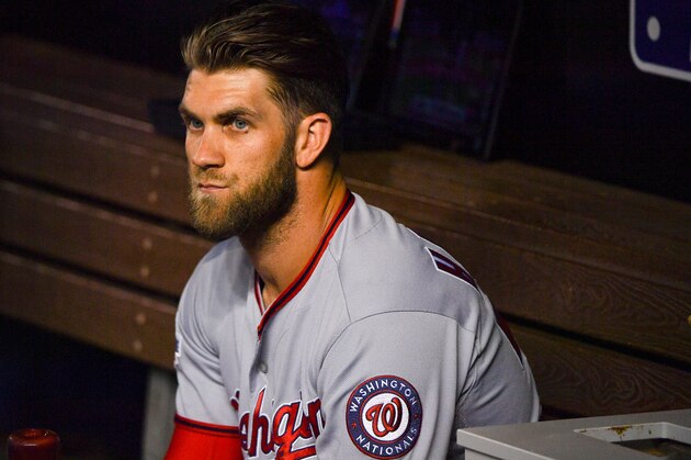 MIAMI, FL - JULY 26: Bryce Harper #34 of the Washington Nationals in the dugout before the game against the Miami Marlins at Marlins Park on July 26, 2018 in Miami, Florida. (Photo by Mark Brown/Getty Images)
