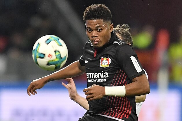 Leverkusen's Leon Bailey challenges for the ball during the German Bundesliga soccer match between Bayer Leverkusen and Borussia Moenchengladbach in Leverkusen, Germany, Saturday, March 10, 2018. (AP Photo/Martin Meissner)