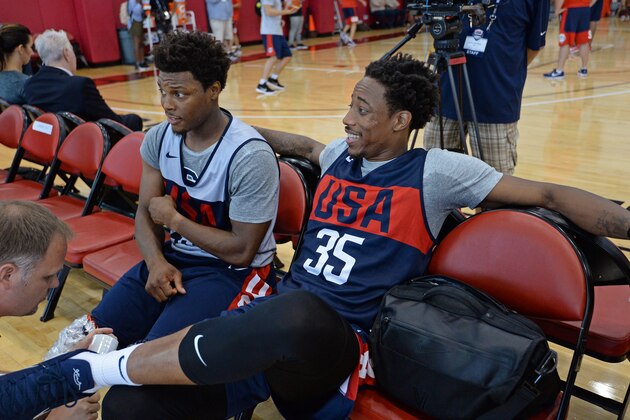 LAS VEGAS, NV - JULY 26: Kyle Lowry and DeMar DeRozan talk during USAB Minicamp Practice at Mendenhall Center on the University of Nevada, Las Vegas campus on July 26, 2018 in Las Vegas, Nevada. NOTE TO USER: User expressly acknowledges and agrees that, by downloading and/or using this Photograph, user is consenting to the terms and conditions of the Getty Images License Agreement. Mandatory Copyright Notice: Copyright 2018 NBAE (Photo by Andrew D. Bernstein/NBAE via Getty Images) LAS VEGAS, NV - JULY 26: Kyle Lowry and DeMar DeRozan talk during USAB Minicamp Practice at Mendenhall Center on the University of Nevada, Las Vegas campus on July 26, 2018 in Las Vegas, Nevada. NOTE TO USER: User expressly acknowledges and agrees that, by downloading and/or using this Photograph, user is consenting to the terms and conditions of the Getty Images License Agreement. Mandatory Copyright Notice: Copyright 2018 NBAE (Photo by Andrew D. Bernstein/NBAE via Getty Images)