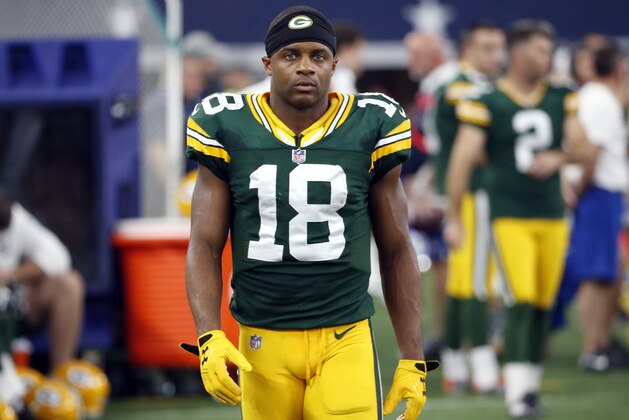Green Bay Packers wide receiver Randall Cobb (18) walks along the sideline during an NFL football game against the Dallas Cowboys on Sunday, Oct. 8, 2017, in Arlington, Texas. (AP Photo/Michael Ainsworth)