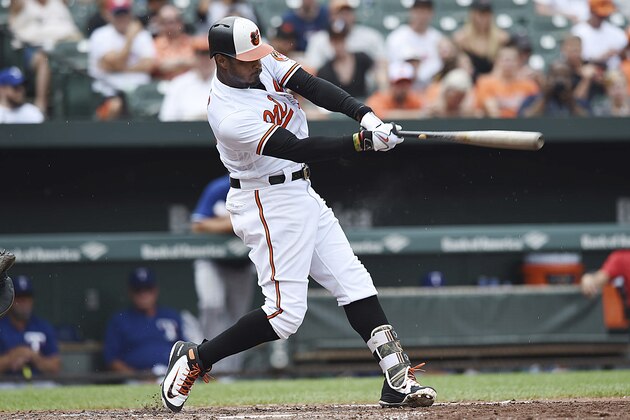 Baltimore Orioles' Adam Jones connects for a three run double against the Texas Rangers in the third inning of a baseball game, Sunday, July 15, 2018, in Baltimore. (AP Photo/Gail Burton) Baltimore Orioles' Adam Jones connects for a three run double against the Texas Rangers in the third inning of a baseball game, Sunday, July 15, 2018, in Baltimore. (AP Photo/Gail Burton)