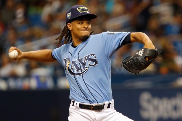ST. PETERSBURG, FL  JULY 22: Chris Archer #22 of the Tampa Bay Rays delivers a pitch during the first inning against the Miami Marlins at Tropicana Field on July 22, 2017 in St. Petersburg, Florida. (Photo by Joseph Garnett Jr./Getty Images)