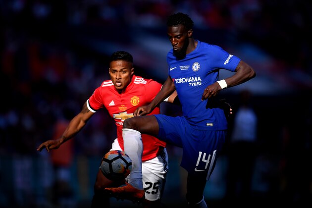 LONDON, ENGLAND - MAY 19:  Tiemoue Bakayoko of Chelsea is challenged by Antonio Valencia of Manchester United during The Emirates FA Cup Final between Chelsea and Manchester United at Wembley Stadium on May 19, 2018 in London, England.  (Photo by Laurence Griffiths/Getty Images)