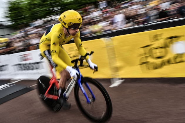 Great Britain's Geraint Thomas, wearing the overall leader's yellow jersey, takes the start of the 20th stage of the 105th edition of the Tour de France cycling race, a 31-kilometer individual time-trial between Saint-Pee-sur-Nivelle and Espelette, southwestern France, on July 28, 2018. (Photo by Jeff PACHOUD / AFP)        (Photo credit should read JEFF PACHOUD/AFP/Getty Images)