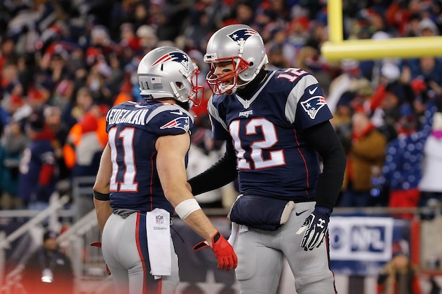 FOXBORO, MA - JANUARY 14: Julian Edelman #11 talks to Tom Brady #12 of the New England Patriots in the second half against the Houston Texans during the AFC Divisional Playoff Game at Gillette Stadium on January 14, 2017 in Foxboro, Massachusetts.  (Photo by Jim Rogash/Getty Images)