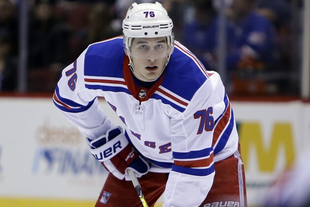 New York Rangers defenseman Brady Skjei (76) during an NHL hockey game against the Arizona Coyotes, Saturday, Jan. 6, 2018, in Glendale, Ariz. The Rangers defeated the Coyotes in a 2-1 shoot out. (AP Photo/Rick Scuteri)