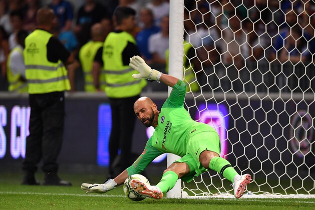 NICE, FRANCE - JULY 28: Willy Caballero of Chelsea saves a penalty from Milan Skriniar of FC Internazionale during the International Champions Cup 2018 match between Chelsea and FC Internazionale at Allianz Riviera Stadium on July 28, 2018 in Nice, France. (Photo by Valerio Pennicino/International Champions Cup/Getty Images)
