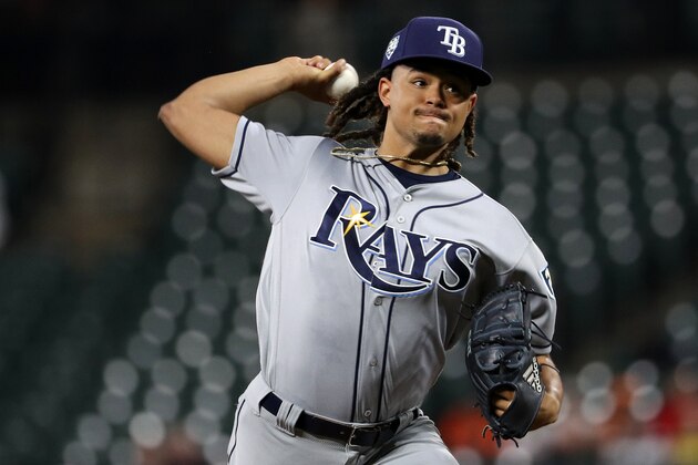 BALTIMORE, MD - JULY 27: Starting pitcher Chris Archer #22 of the Tampa Bay Rays works the first inning against the Baltimore Orioles at Oriole Park at Camden Yards on July 27, 2018 in Baltimore, Maryland. (Photo by Patrick Smith/Getty Images)