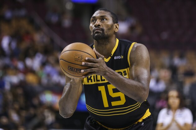 TORONTO, ON - JULY 27: Metta World Peace #15 of the Killer 3's takes a shot against the Power during the BIG3 three on three basketball league at Scotiabank Arena on July 27, 2018 in Toronto, Canada. (Photo by Claus Andersen/BIG3/Getty Images)