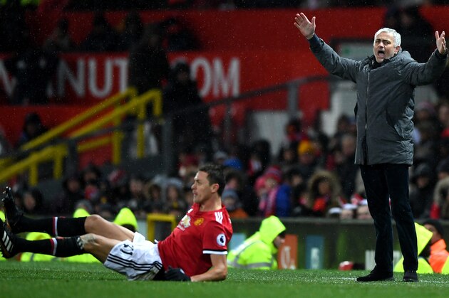 MANCHESTER, ENGLAND - DECEMBER 13:  Jose Mourinho, Manager of Manchester United reacts as Nemanja Matic of anchester United  goes down during the Premier League match between Manchester United and AFC Bournemouth at Old Trafford on December 13, 2017 in Manchester, England.  (Photo by Gareth Copley/Getty Images)