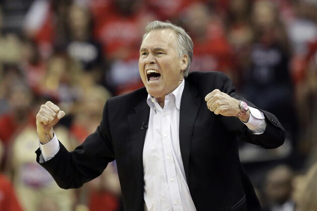 Houston Rockets head coach Mike D'Antoni reacts to a play during the first half in Game 7 of the NBA basketball Western Conference finals against the Golden State Warriors, Monday, May 28, 2018, in Houston. (AP Photo/David Phillip)