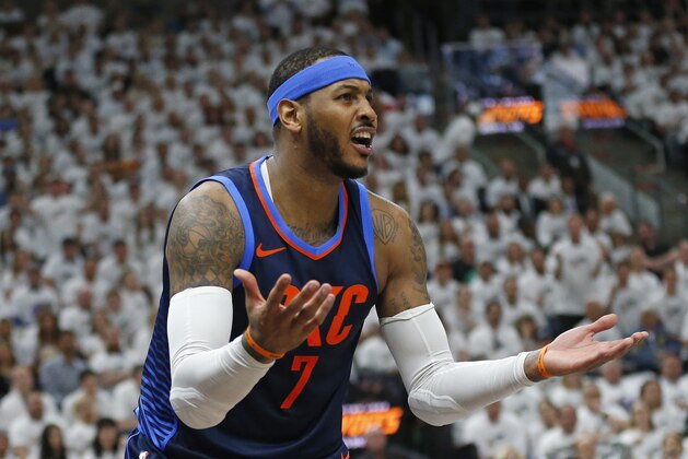 Oklahoma City Thunder forward Carmelo Anthony (7) argues a foul in the first half during Game 4 of an NBA basketball first-round playoff series against the Utah Jazz Monday, April 23, 2018, in Salt Lake City. (AP Photo/Rick Bowmer)