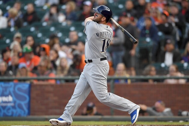 SAN FRANCISCO, CA - JULY 28:  Mike Moustakas #18 of the Milwaukee Brewers bats against the San Francisco Giants in the top of the first inning at AT&T Park on July 28, 2018 in San Francisco, California.  (Photo by Thearon W. Henderson/Getty Images)