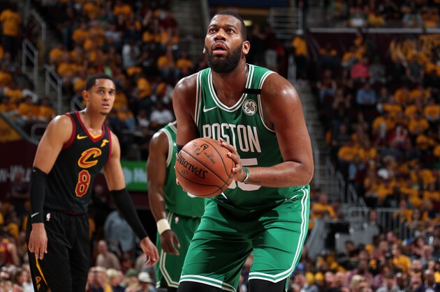 CLEVELAND, OH - MAY 19:  Greg Monroe #55 of the Boston Celtics shoots a free throw against the Cleveland Cavaliers in Game Three of the Eastern Conference Finals of the 2018 NBA Playoffs on May 19, 2018 at Quicken Loans Arena in Cleveland, Ohio. NOTE TO USER: User expressly acknowledges and agrees that, by downloading and or using this photograph, user is consenting to the terms and conditions of Getty Images License Agreement. Mandatory Copyright Notice: Copyright 2018 NBAE (Photo by Nathaniel S. Butler/NBAE via Getty Images)
