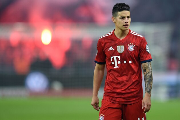 Bayern Munich's Colombian midfielder James Rodriguez reacts during the semifinal match Canada vs Switzerland of the 2018 IIHF Ice Hockey World Championship at the Royal Arena in Copenhagen, Denmark, on May 19, 2018. (Photo by Christof STACHE / AFP)        (Photo credit should read CHRISTOF STACHE/AFP/Getty Images)