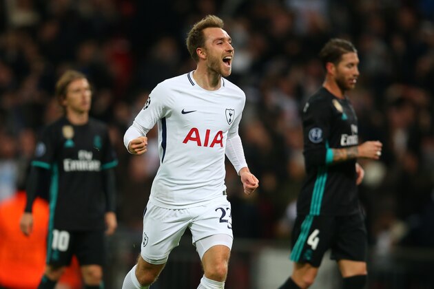 LONDON, ENGLAND - NOVEMBER 01: Christian Eriksen of Tottenham Hotspur celebrates after he scores a goal to make it 3-1 during the UEFA Champions League group H match between Tottenham Hotspur and Real Madrid at Wembley Stadium on November 1, 2017 in London, United Kingdom. (Photo by Catherine Ivill - AMA/Getty Images)