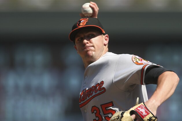 Baltimore Orioles pitcher Brad Brach throws against the Minnesota Twins in a baseball game Sunday, July 8, 2018, in Minneapolis.(AP Photo/Jim Mone)