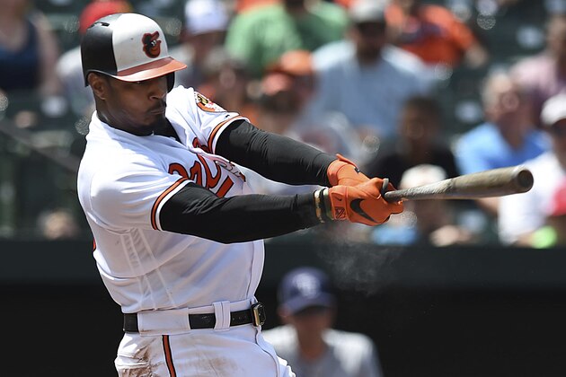 Baltimore Orioles' Adam Jones follows through on a single against the Tampa Bay Rays in the fourth inning of a baseball game, Sunday, July 29, 2018, in Baltimore. (AP Photo/Gail Burton)