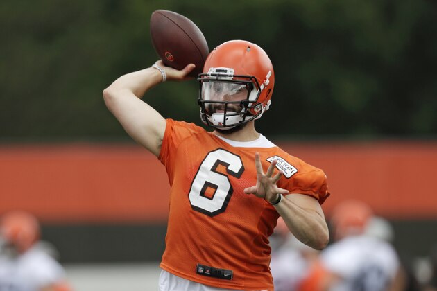 Cleveland Browns quarterback Baker Mayfield throws during NFL football training camp, Friday, July 27, 2018, in Berea, Ohio. (AP Photo/Tony Dejak)