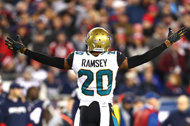 FOXBOROUGH, MA - JANUARY 21: Jalen Ramsey #20 of the Jacksonville Jaguars reacts during the second half of the AFC Championship Game against the New England Patriots at Gillette Stadium on January 21, 2018 in Foxborough, Massachusetts.  (Photo by Adam Glanzman/Getty Images)