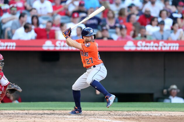 ANAHEIM, CA - JULY 21:  José Altuve #27 of the Houston Astros bats during the game against the Los Angeles Angels at Angel Stadium on July 21, 2018 in Anaheim, California.  The Astros defeated the Angels 7-0.  (Photo by Rob Leiter/MLB Photos via Getty Images)