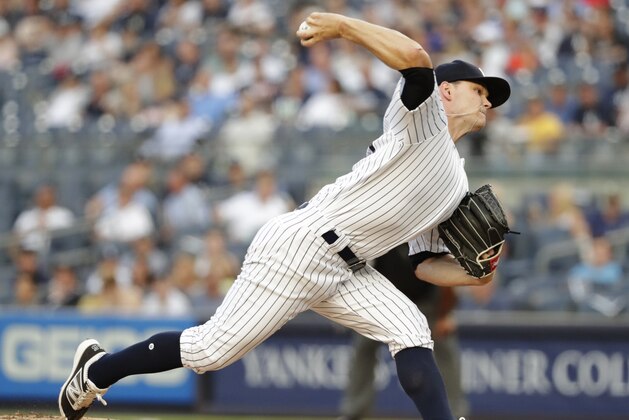 New York Yankees' Sonny Gray delivers a pitch during the first inning of the team's baseball game against the Kansas City Royals on Thursday, July 26, 2018, in New York. (AP Photo/Frank Franklin II)