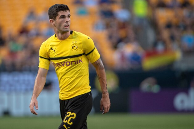 PITTSBURGH, PA - JULY 25: Christian Pulisic #22 of Borussia Dortmund in action in the first half during the 2018 International Champions Cup match at Heinz Field on July 25, 2018 in Pittsburgh, Pennsylvania. (Photo by Justin Berl/Getty Images)