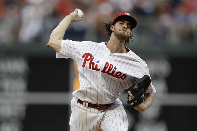Philadelphia Phillies' Aaron Nola in action during a baseball game against the Los Angeles Dodgers, Tuesday, July 24, 2018, in Philadelphia. (AP Photo/Matt Slocum)