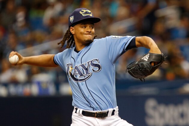 ST. PETERSBURG, FL  JULY 22: Chris Archer #22 of the Tampa Bay Rays delivers a pitch during the first inning against the Miami Marlins at Tropicana Field on July 22, 2017 in St. Petersburg, Florida. (Photo by Joseph Garnett Jr./Getty Images)