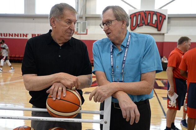 LAS VEGAS, NV - JULY 26: Jerry Colangelo and Rod Thorn talk during USAB Minicamp Practice at Mendenhall Center on the University of Nevada, Las Vegas campus on July 26, 2018 in Las Vegas, Nevada. NOTE TO USER: User expressly acknowledges and agrees that, by downloading and/or using this Photograph, user is consenting to the terms and conditions of the Getty Images License Agreement. Mandatory Copyright Notice: Copyright 2018 NBAE (Photo by Andrew D. Bernstein/NBAE via Getty Images)