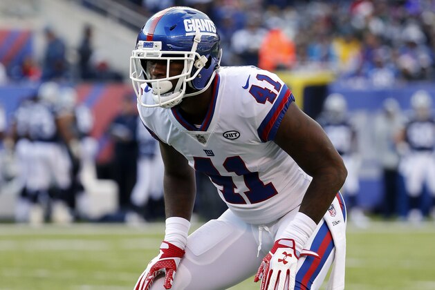 New York Giants cornerback Dominique Rodgers-Cromartie during an NFL football game against the Dallas Cowboys at MetLife Stadium in East Rutherford, NJ, Sunday, Dec. 10, 2017. (Winslow Townson/AP Images for Panini)