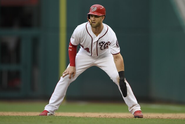 Washington Nationals' Bryce Harper takes a lead during the sixth inning of a baseball game against the Atlanta Braves, Sunday, July 22, 2018, in Washington. (AP Photo/Nick Wass)