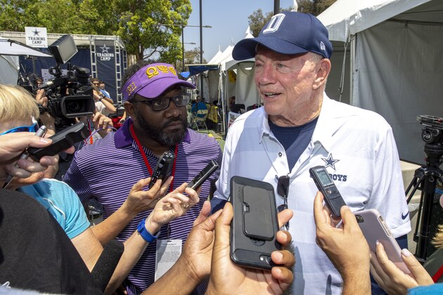 Dallas Cowboys owner Jerry Jones takes questions from the press after the