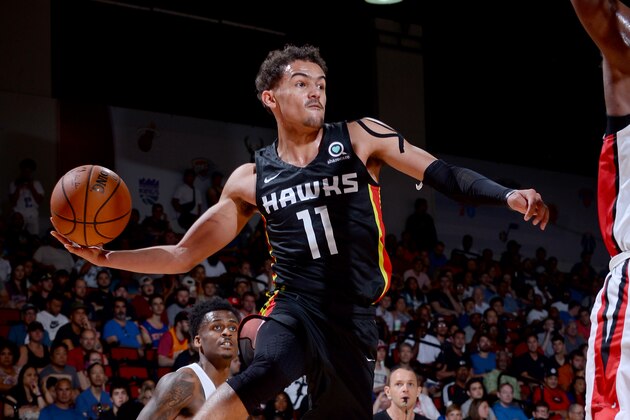 LAS VEGAS, NV - JULY 10: Trae Young #11 of the Atlanta Hawks looks to pass against the Chicago Bulls during the 2018 Las Vegas Summer League on July 10, 2018 at the Cox Pavilion in Las Vegas, Nevada. NOTE TO USER: User expressly acknowledges and agrees that, by downloading and/or using this Photograph, user is consenting to the terms and conditions of the Getty Images License Agreement. Mandatory Copyright Notice: Copyright 2018 NBAE (Photo by Bart Young/NBAE via Getty Images)