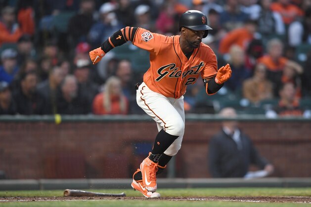 SAN FRANCISCO, CA - JULY 27:  Andrew McCutchen #22 of the San Francisco Giants runs up the first base line against the Milwaukee Brewers in the bottom of the third inning at AT&T Park on July 27, 2018 in San Francisco, California.  (Photo by Thearon W. Henderson/Getty Images)