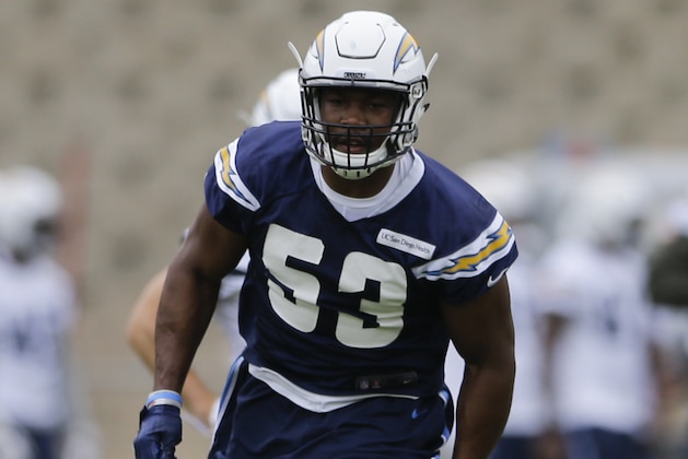 San Diego Chargers rookie linebacker Joshua Perry trains during an NFL football practice Tuesday, May 31, 2016, in San Diego. (AP Photo/Gregory Bull)