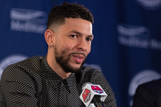 WASHINGTON, DC - JULY 02:  Austin Rivers #1 of the Washington Wizards talks to the media during a press conference at Capital One Arena in Washington, DC on July 2, 2018. NOTE TO USER: User expressly acknowledges and agrees that, by downloading and/or using this photograph, user is consenting to the terms and conditions of the Getty Images License Agreement. Mandatory Copyright Notice: Copyright 2018 NBAE (Photo by Stephen Gosling/NBAE via Getty Images)