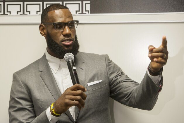 LeBron James speaks at a news conference after the opening ceremony for the I Promise School in Akron, Ohio, Monday, July 30, 2018. The I Promise School is supported by the The LeBron James Family Foundation and is run by the Akron Public Schools. (AP Photo/Phil Long)