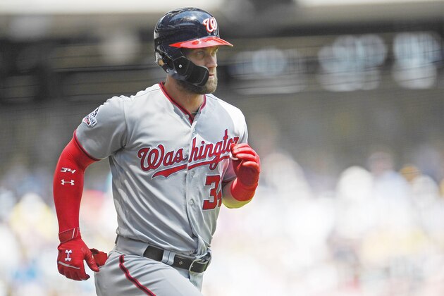 MILWAUKEE, WI - JULY 25:  Bryce Harper #34 of the Washington Nationals runs to first base during a game against the Milwaukee Brewers at Miller Park on July 25, 2018 in Milwaukee, Wisconsin.  (Photo by Stacy Revere/Getty Images)