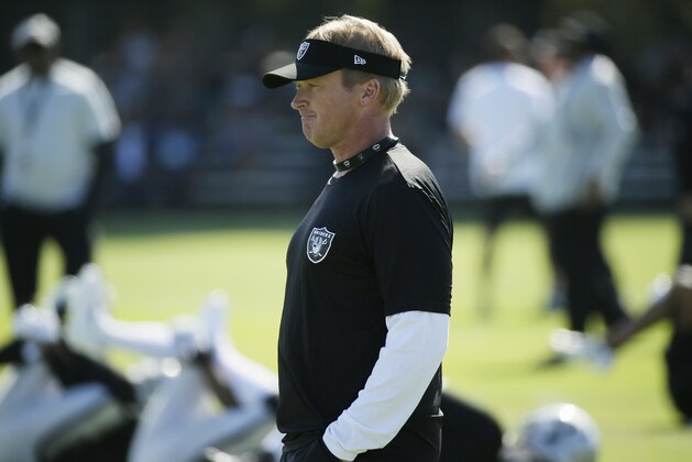 Oakland Raiders head coach Jon Gruden during NFL football practice in Napa, Calif., Friday, July 27, 2018. (AP Photo/Eric Risberg)