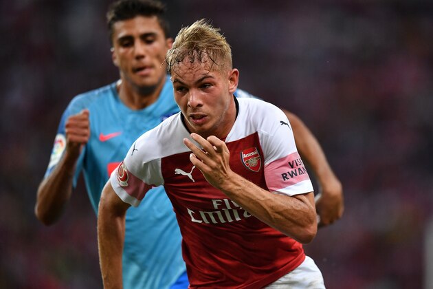 SINGAPORE - JULY 26:  Emile Smith Rowe #55 of Arsenal runs during the International Champions Cup 2018 match between Club Atletico de Madrid and Arsenal at the National Stadium on July 26, 2018 in Singapore.  (Photo by Thananuwat Srirasant/Getty Images for ICC)