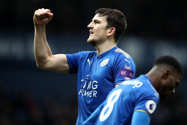 WEST BROMWICH, ENGLAND - MARCH 10:  Harry Maguire of Leicester City celebrates after Kelechi Iheanacho of Leicester City scores their sides third goal during the Premier League match between West Bromwich Albion and Leicester City at The Hawthorns on March 10, 2018 in West Bromwich, England.  (Photo by Clive Mason/Getty Images)