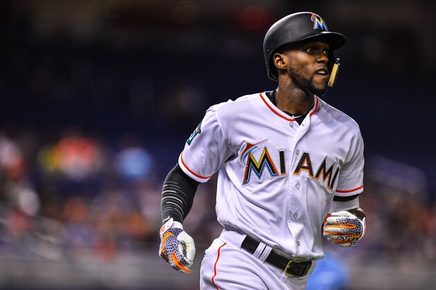 MIAMI, FL - JUNE 27: Cameron Maybin #1 of the Miami Marlins runs to first base after batting in the first inning during the game against the  at Marlins Park on June 27, 2018 in Miami, Florida. (Photo by Mark Brown/Getty Images)