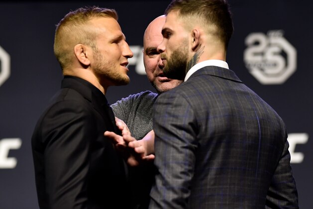 BROOKLYN, NEW YORK - APRIL 06:   (L-R) Opponents TJ Dillashaw and Cody Garbrandt face off during the UFC press conference inside Barclays Center on April 6, 2018 in Brooklyn, New York. (Photo by Jeff Bottari/Zuffa LLC/Zuffa LLC via Getty Images)