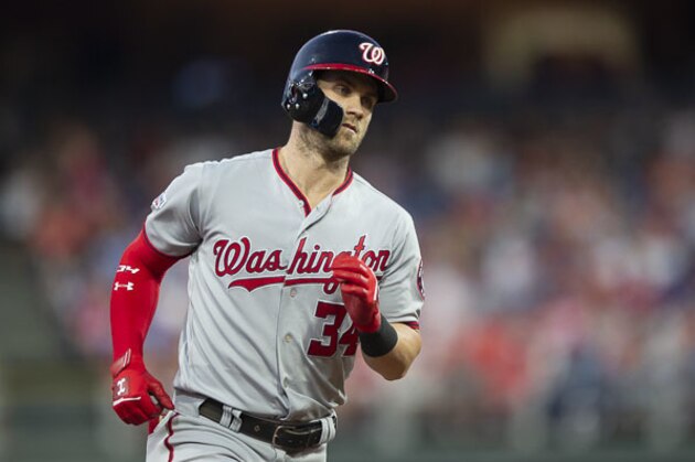 Washington Nationals' Bryce Harper (34) in action during a baseball game against the Philadelphia Phillies, Friday, June 29, 2018, in Philadelphia. (AP Photo/Laurence Kesterson)