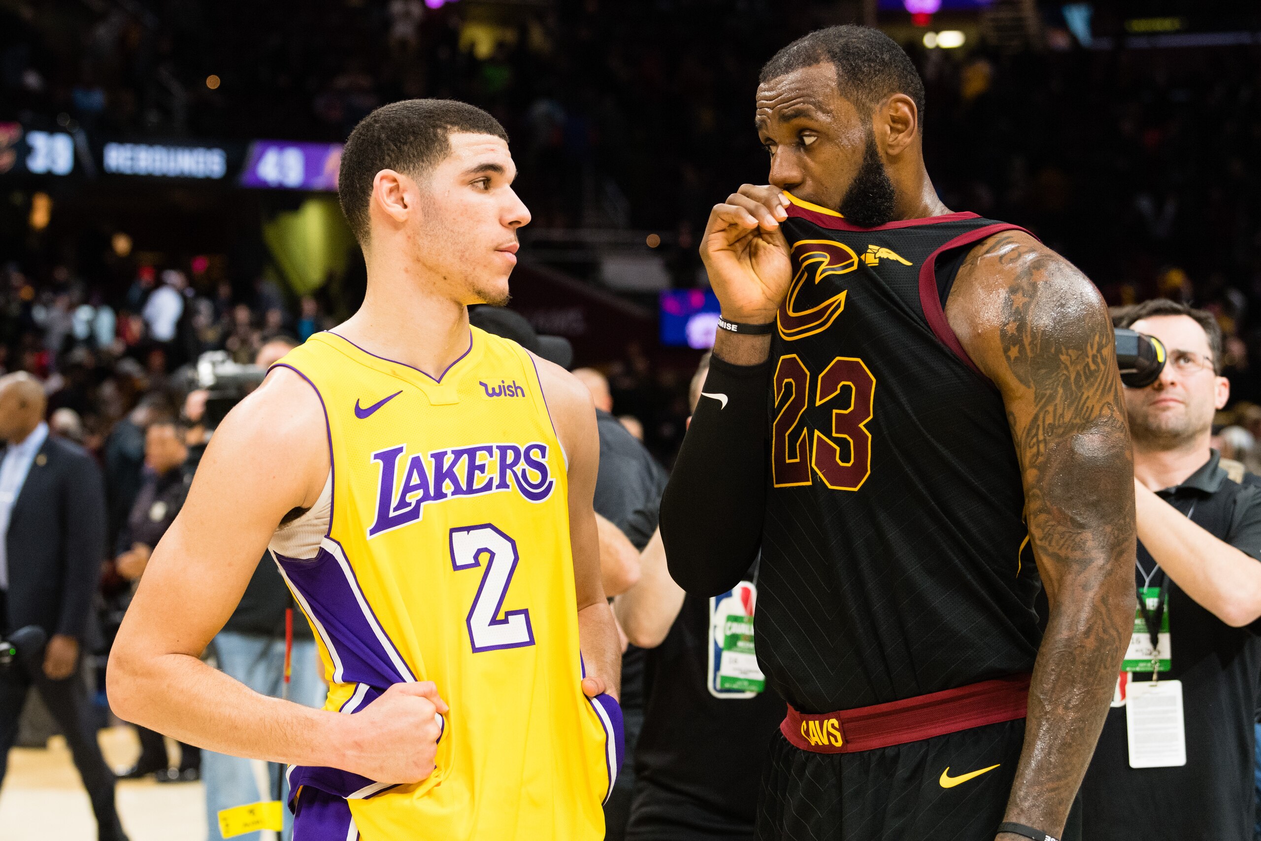CLEVELAND, OH - DECEMBER 14: Lonzo Ball #2 of the Los Angeles Lakers listens to LeBron James #23 of the Cleveland Cavaliers after the game at Quicken Loans Arena on December 14, 2017 in Cleveland, Ohio. The Cavaliers defeated the Lakers 121-112. NOTE TO USER: User expressly acknowledges and agrees that, by downloading and or using this photograph, User is consenting to the terms and conditions of the Getty Images License Agreement. (Photo by Jason Miller/Getty Images)