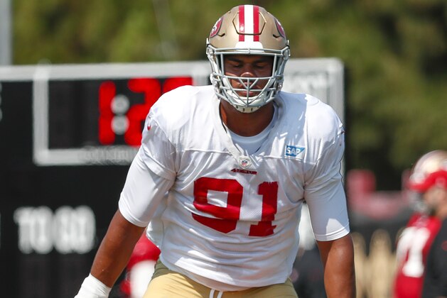 San Francisco 49ers defensive end Arik Armstead runs a drill during NFL football practice at the team's headquarters Saturday, July 28, 2018, in Santa Clara, Calif. (AP Photo/Tony Avelar)